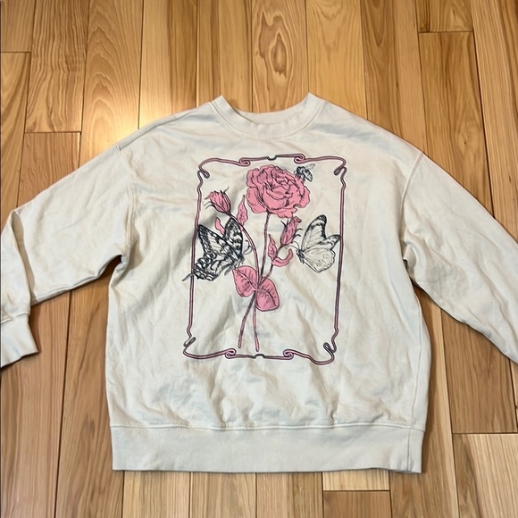 Rebellious one Cream women’s Sweatshirt with Pink Rose and Butterfly Design - Picture 1 of 5